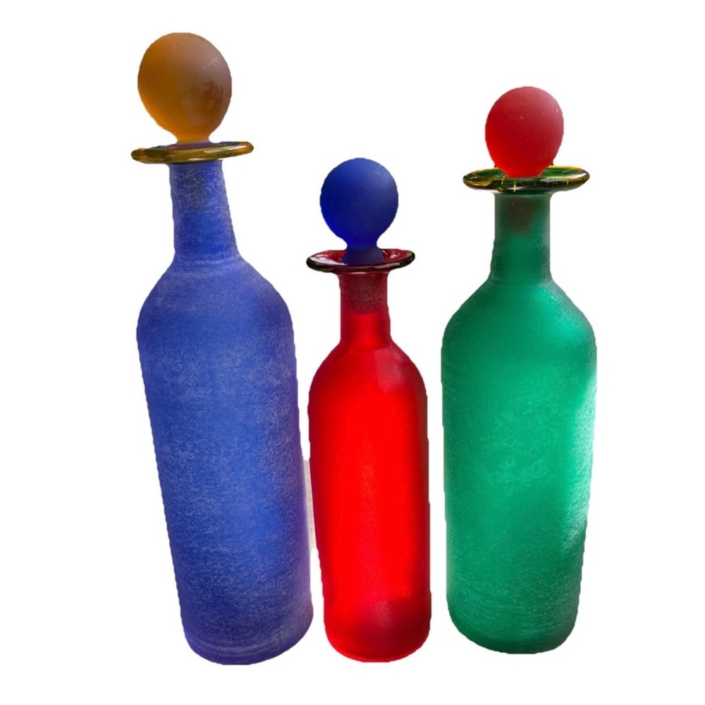 Lot Of 3 Franco Moretti Murano Vintage Art Glass Bottles Blue/Green/Red Signed